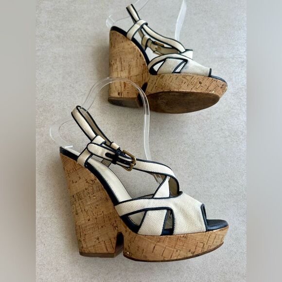 Yves Saint Laurent White/Navy Blue Canvas Deauville Cork Wedge Sandals Size 39 - Picture 5 of 10